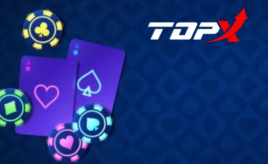 Cartas e fichas coloridas sobre fundo azul, imagem de marca da TopX