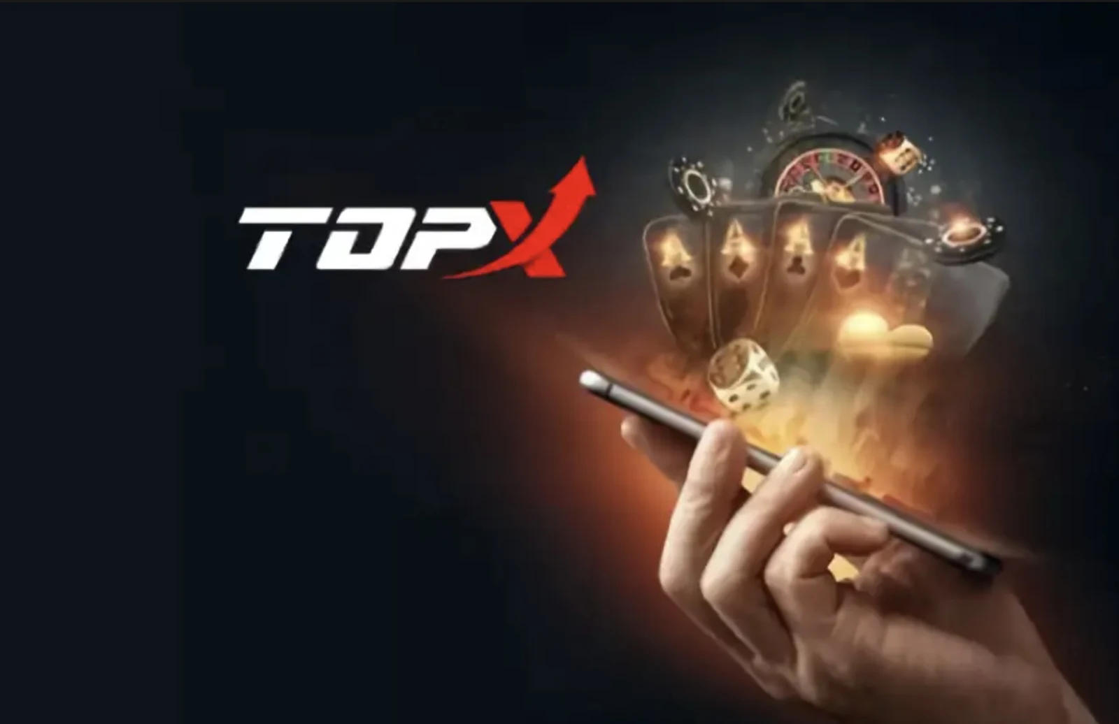 Mão segurando um celular com cartas e fichas saindo da tela, imagem de marca da TopX